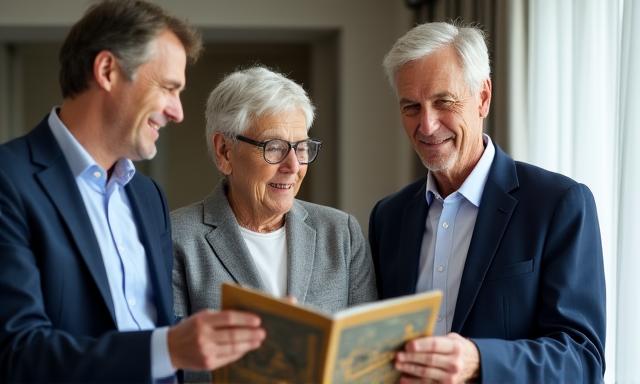 Consultant showing travel brochures to an elderly couple