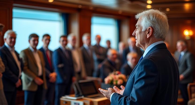 A distinguished historian giving a lecture to an engaged audience on a luxury ship