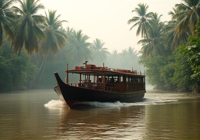 Traditional yet luxury river boat navigating the lush landscapes of the Mekong Delta