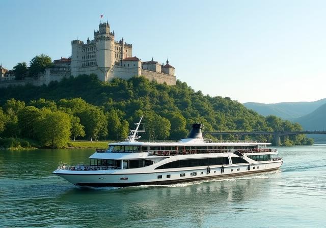 Luxury river cruise ship sailing past a historic European castle on the Danube
