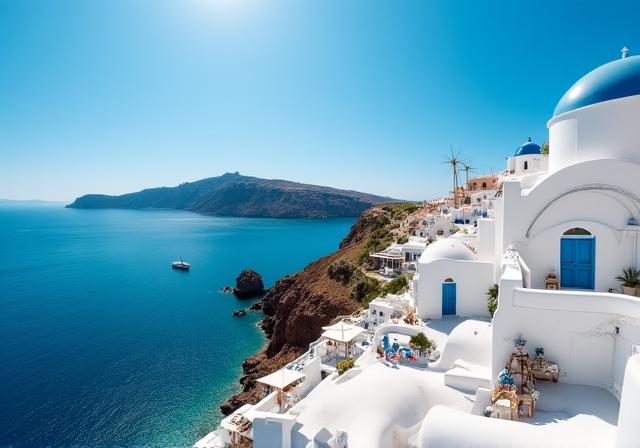 Sun-drenched coastal town in the Mediterranean with turquoise sea