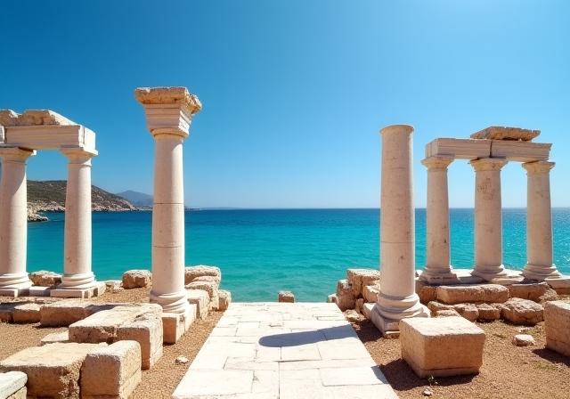 Classical ruins by the Mediterranean sea