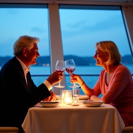 Mature couple enjoying a fine dining experience on a cruise ship
