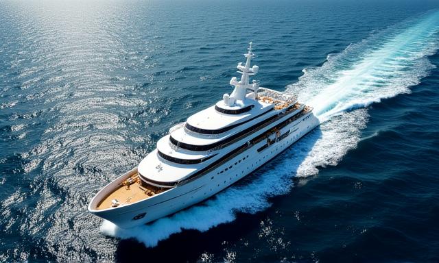 A grand luxury ocean liner sailing through deep blue waters during sunset