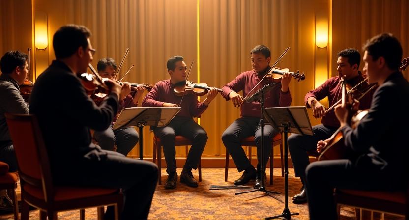 Local traditional musicians performing in an elegant ship lounge