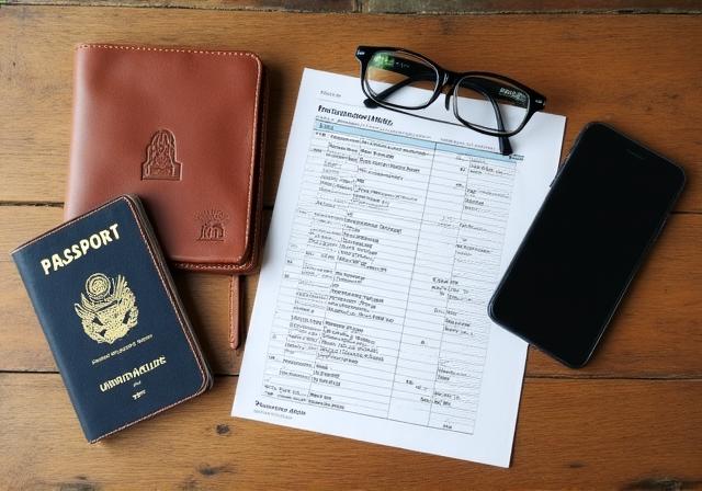 Neatly organized travel documents, passport, and glasses on a wooden table