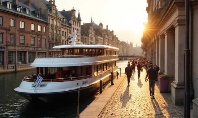 A luxury river cruise ship docking at a historic European village