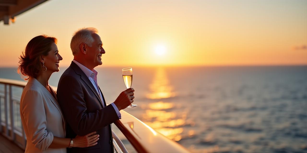 Elegant mature couple enjoying a sunset on a cruise deck